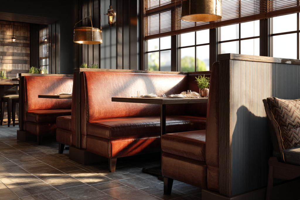 Luxurious, custom-made bar booths installed in an elegant restaurant area