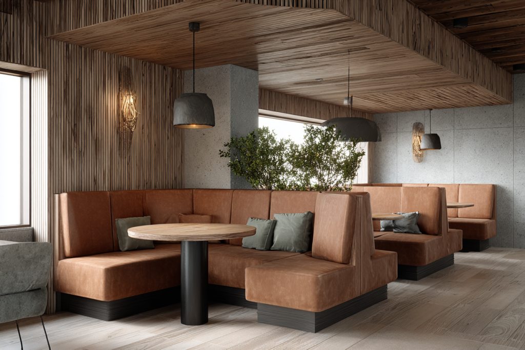 A tall bar table with a wooden top set in a modern pub interior