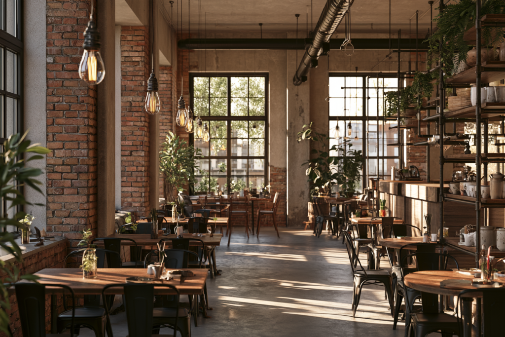 Möbel im Industrial-Stil im Café – Metall-Barhocker und Tische an der Theke