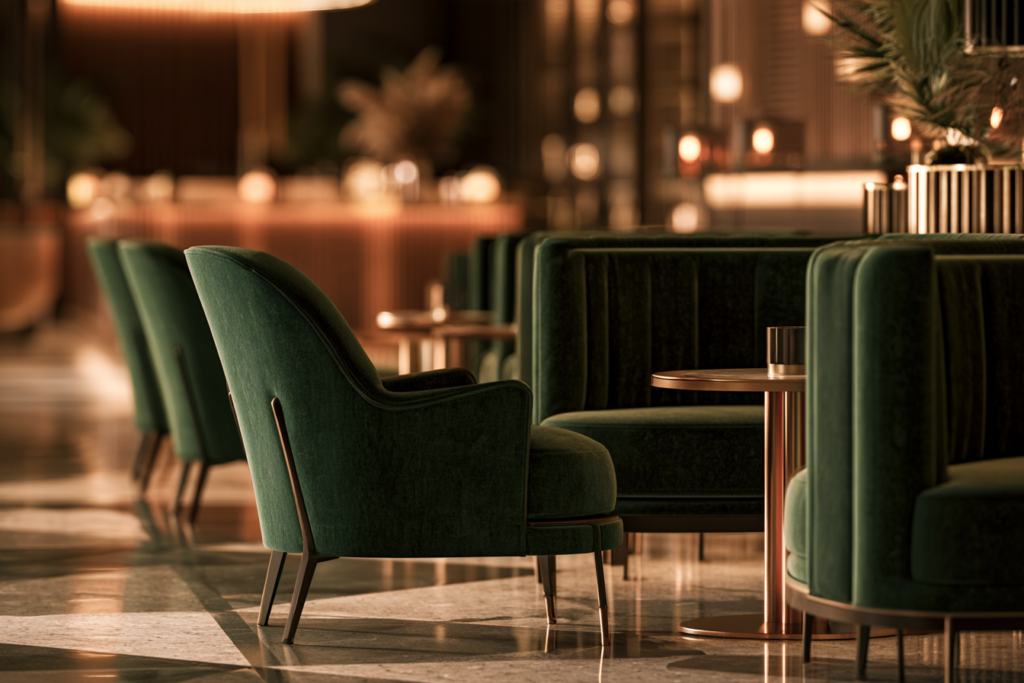 Upholstered bar stools, chairs, and armchairs certified to the Oeko-Tex standard in the hotel lobby and restaurant