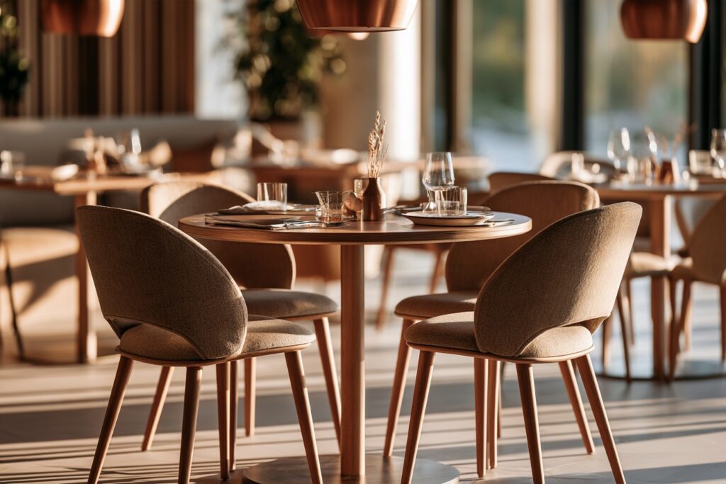 Ergonomiczne krzesła do restauracji z tapicerowanym siedziskiem przy stołach w jasnej sali