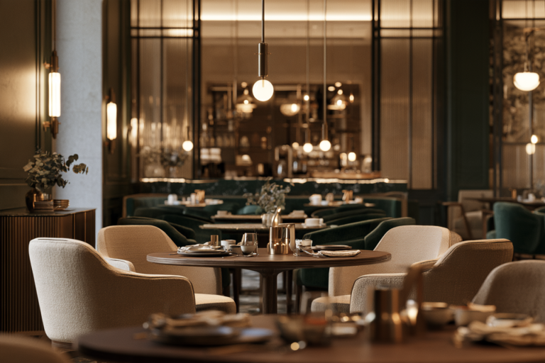 Meble hotelowe w eleganckiej restauracji hotelowej z tapicerowanymi fotelami
